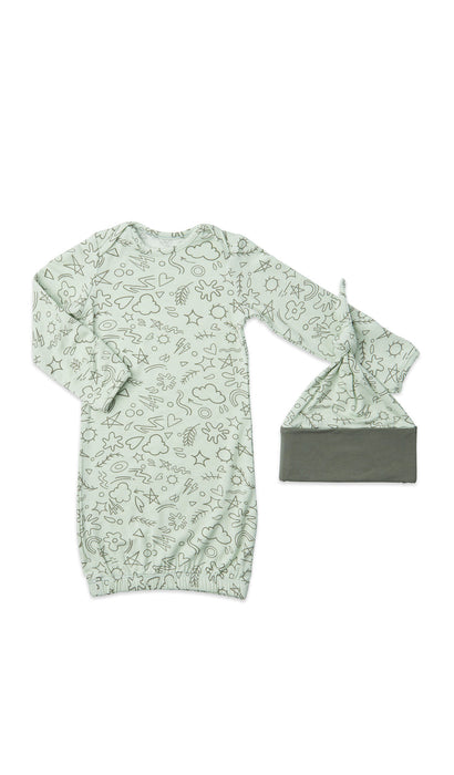 Newborn Gown and Hat- Sage Doodle