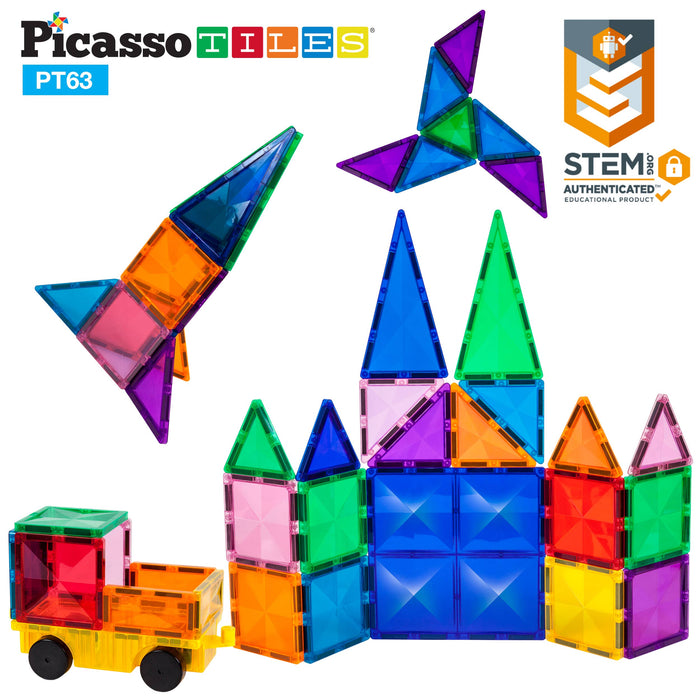 PicassoTiles 63 Piece Master Builder Magnetic Tile Set