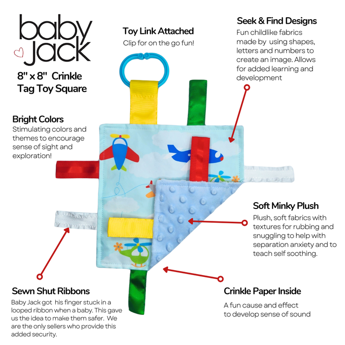 Airplanes Helicopter Crinkle Tag Square 8"x8” Sensory Toy