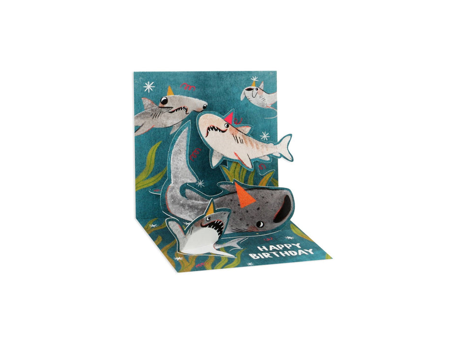 Mini Pop-up Card with Sharks in Party Hats- Happy Birthday