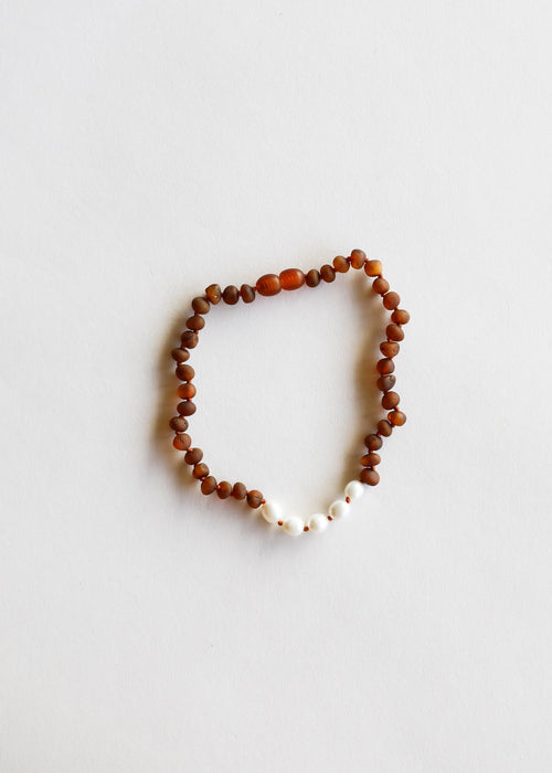 Raw Cognac Amber + Pearls Necklace
